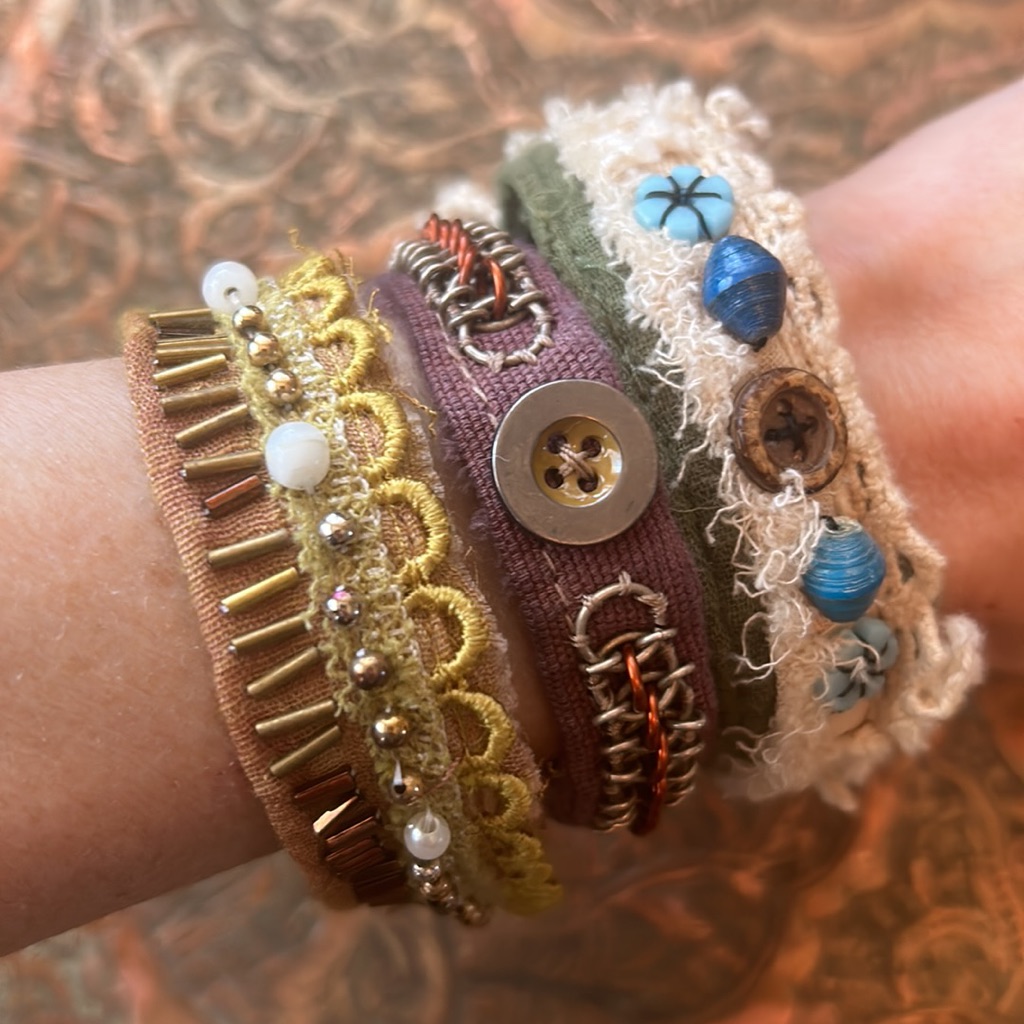Handmade Upcycled Tattered Crochet Lace Beaded Button Gypsy Fabric Bracelets